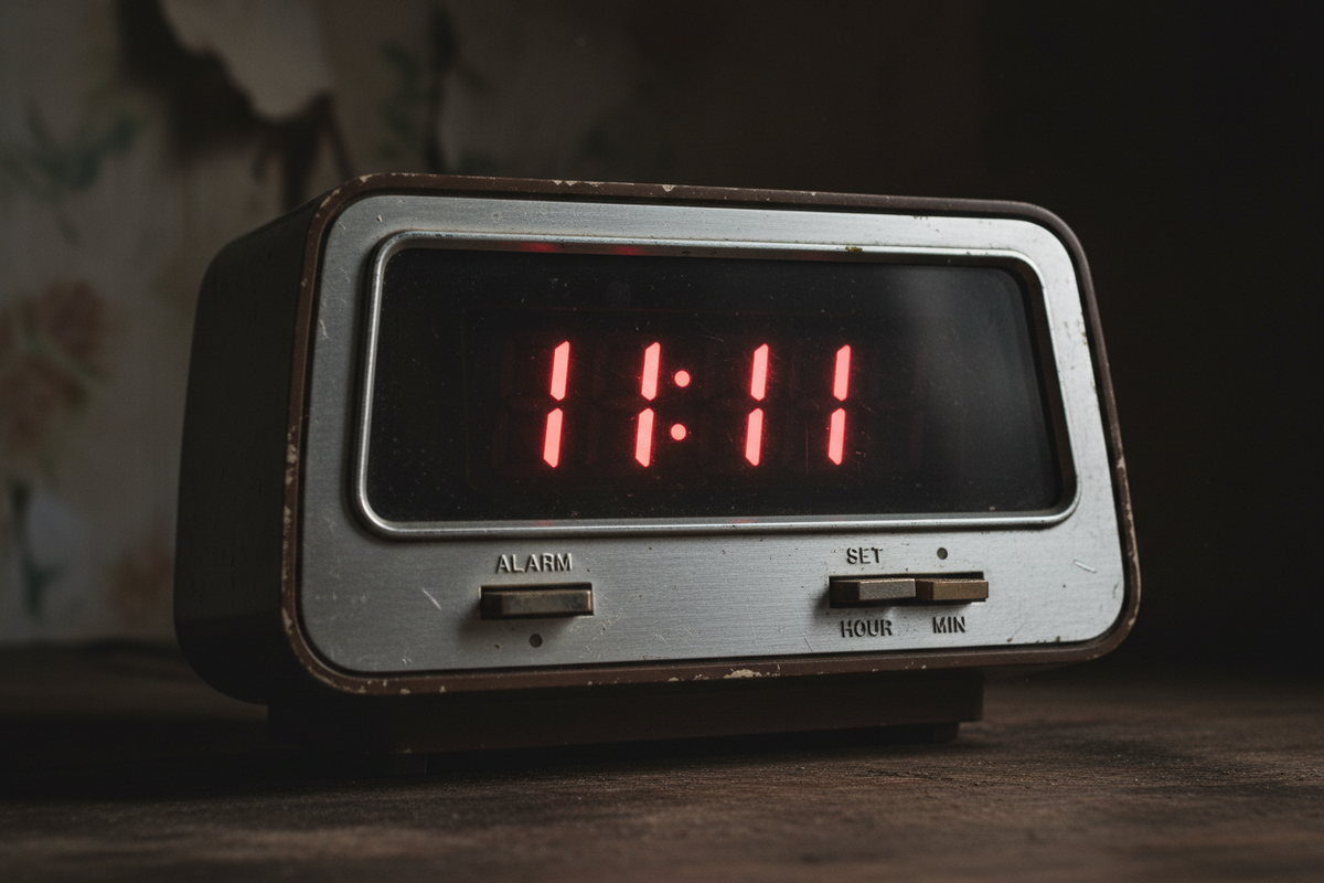 A vintage digital alarm clock showing 11:11 in red LED numbers