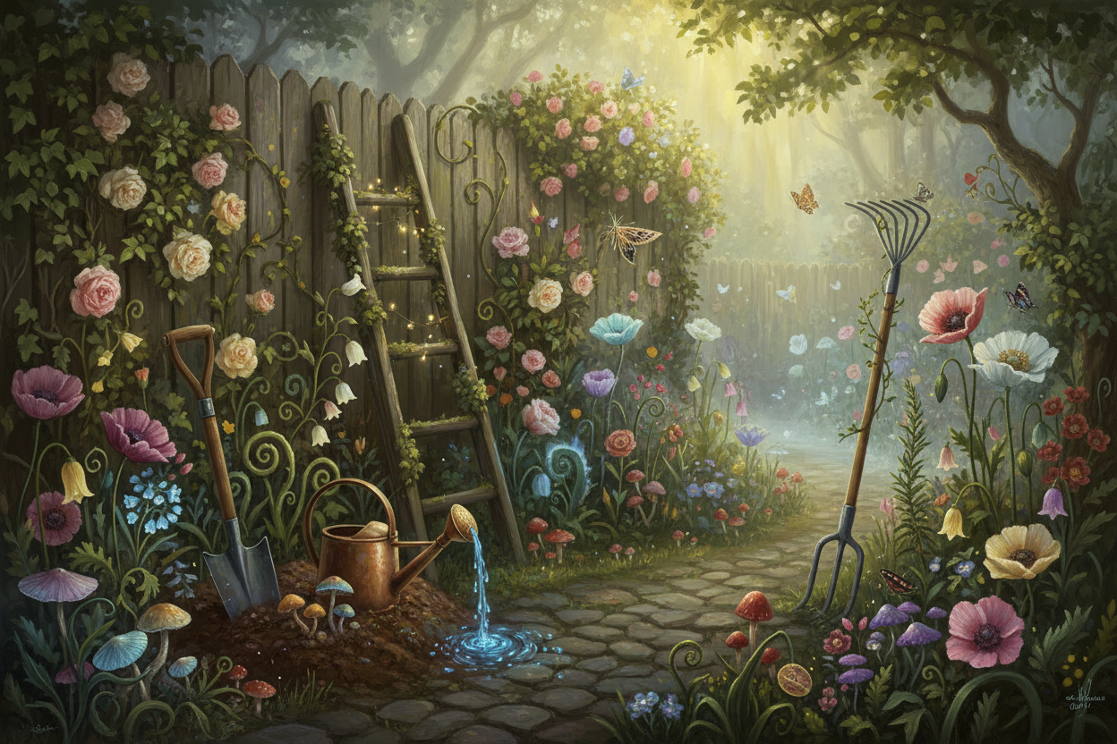 A WIMSICAL PICTURE OF A GARDEN WITH TOOLS AND ALADDER NEAR A GARDEN FENCE