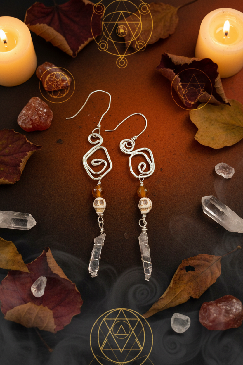 Carnelian Skull & Quartz Crystal Earrings