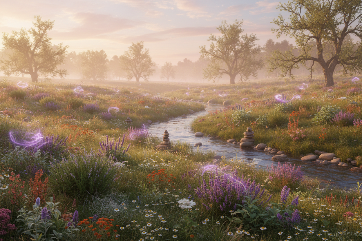 Serene field scene with natural herbs and healing plants