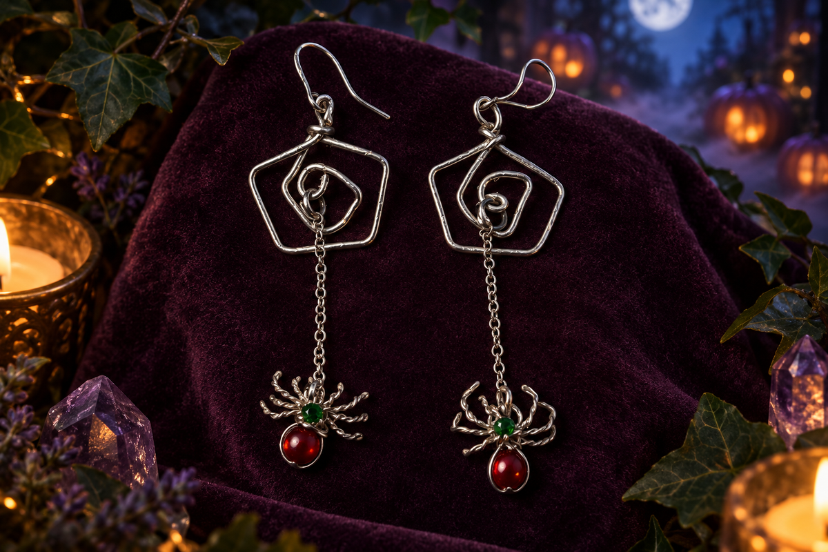 Spider earrings in a pretty spooky product setting
